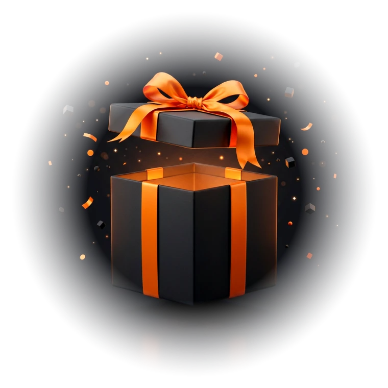 A black gift box with an orange ribbon