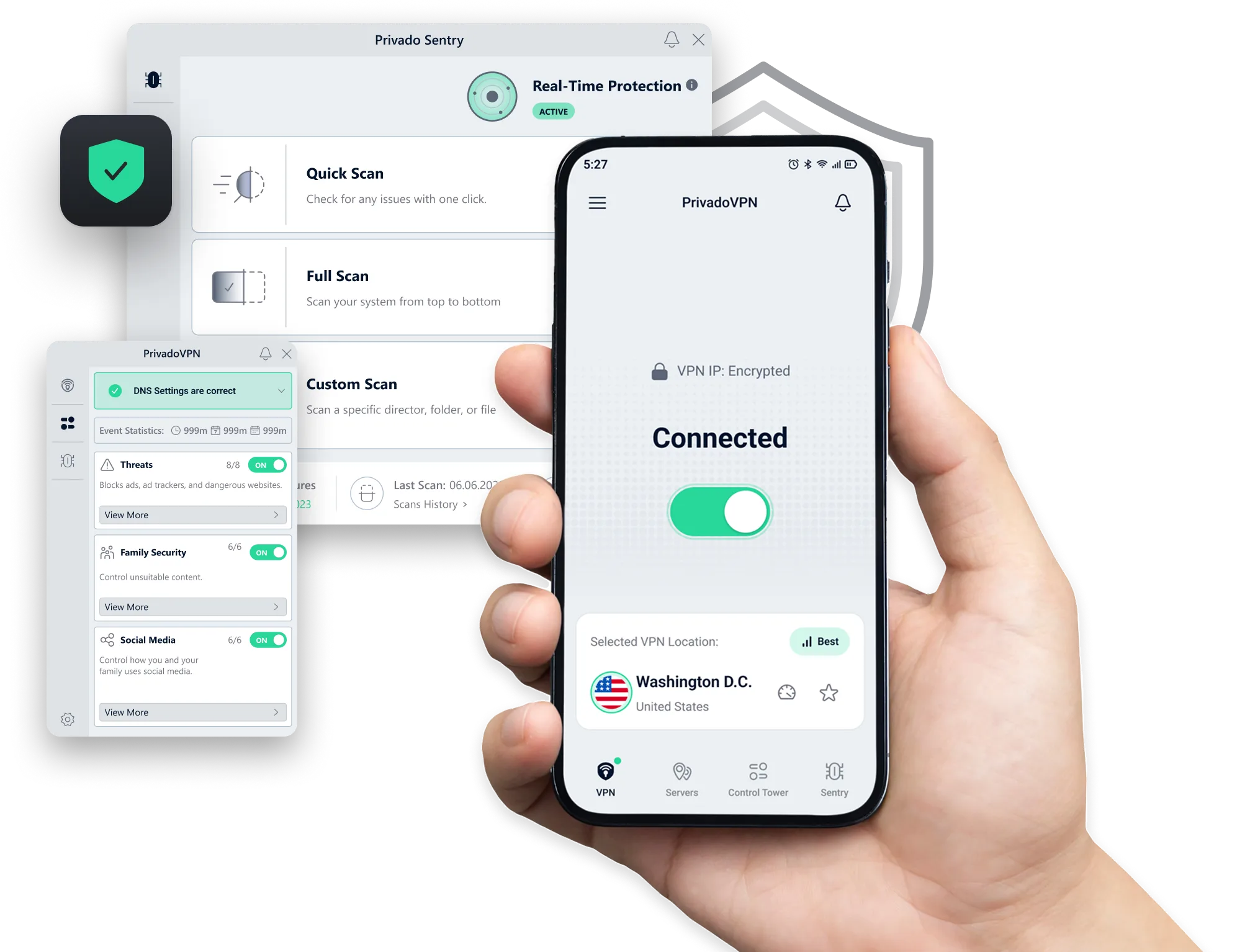 Ön planda, PrivadoVPN uygulama arayüzünün ön sayfasını gösteren bir cep telefonu tutan bir el var. Ortada Kontrol Kulesi arayüzünü gösteren kayan bir pencere, arka planda ise Privado Sentry antivirüs arayüzünü gösteren başka bir kayan pencere yer alıyor.