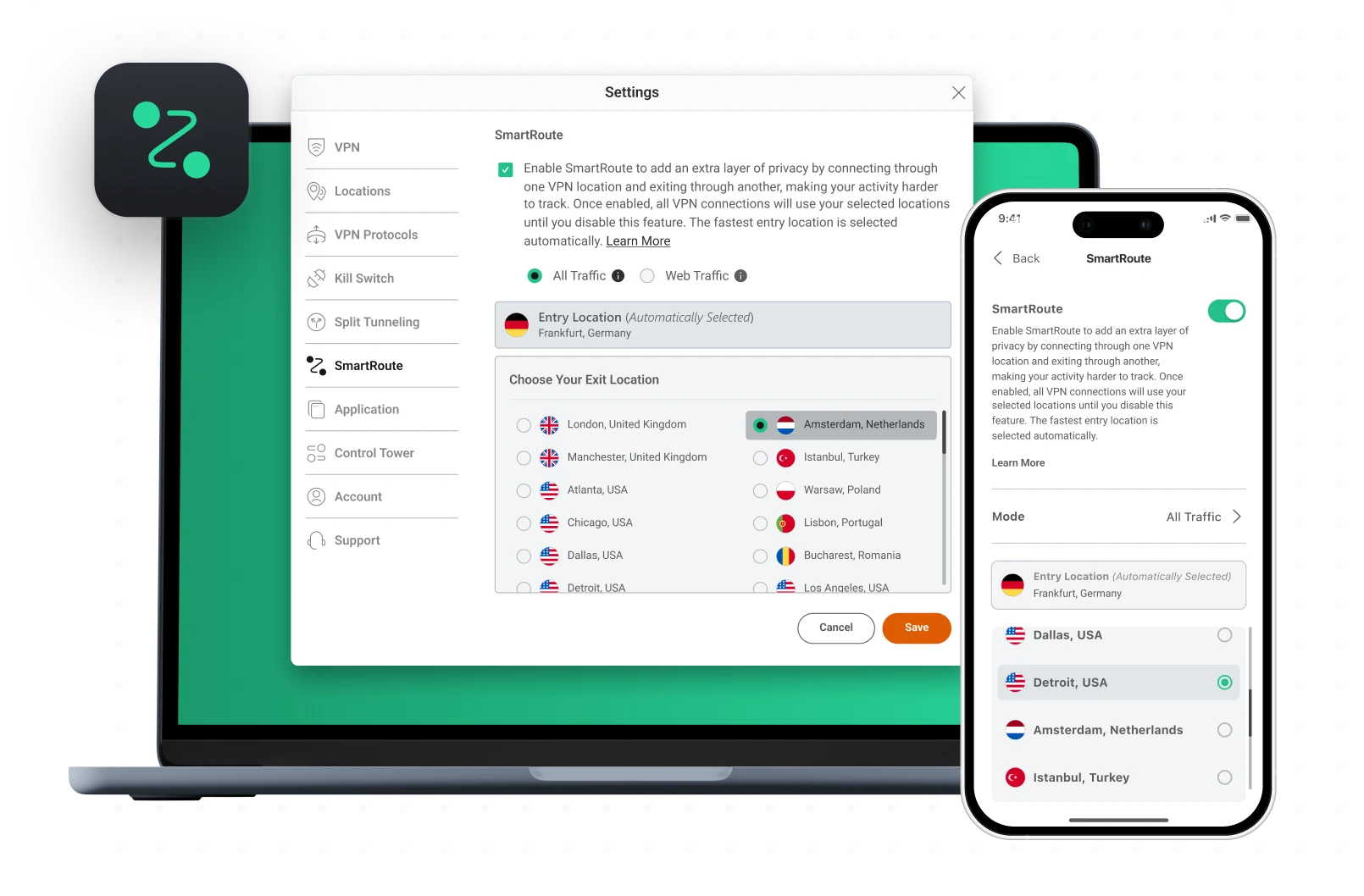 A laptop is open and showing the PrivadoVPN Settings menu with SmartRoute visible and enabled. There is also a mobile phone showing the same thing in a mobile version of the app.