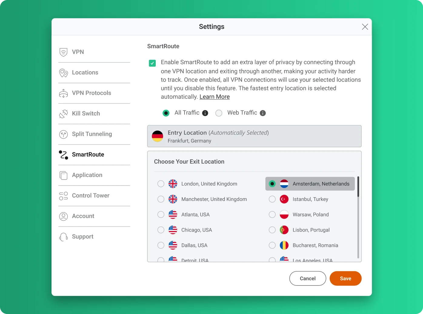 The SmartRoute Settings page in the PrivadoVPN desktop app showing that the checkbox to enable SmartRoute has been selected, the All Traffic radio button is active, the entry location is selected as Frankfurt, Germany, and the exit location is Amsterdam, Netherlands.