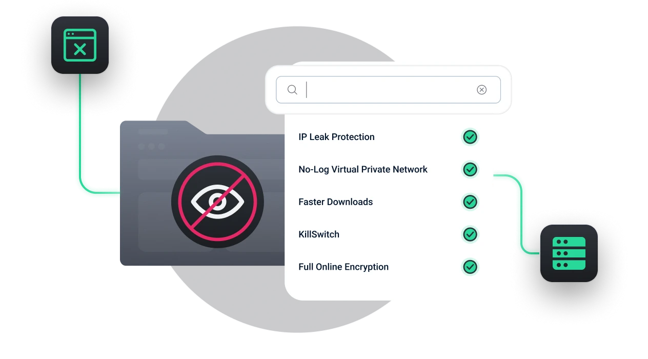 The Threats menu of PrivadoVPN Control Tower, showing how you can block advertisements, crypto, malware, and ransomware. It also shows many of the benefits of PrivadoVPN include IP leak protection, the no-log policy, fast speeds, a Kill Switch, and full online encryption. Finally, there is a folder with an icon of an eye and a “no” symbol over it.