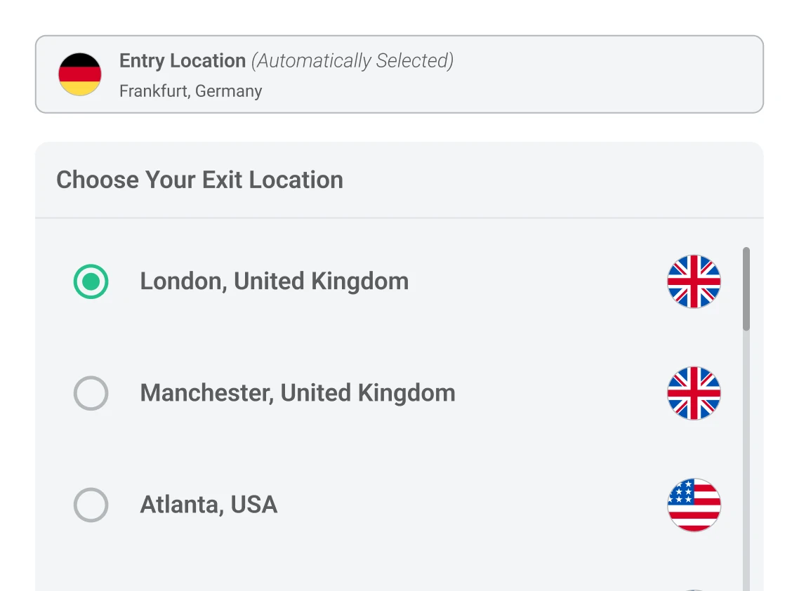 A closeup of the PrivadoVPN desktop app showing an Entry Location in Frankfurt, Germany and the user having chosen an exit location in London, UK.