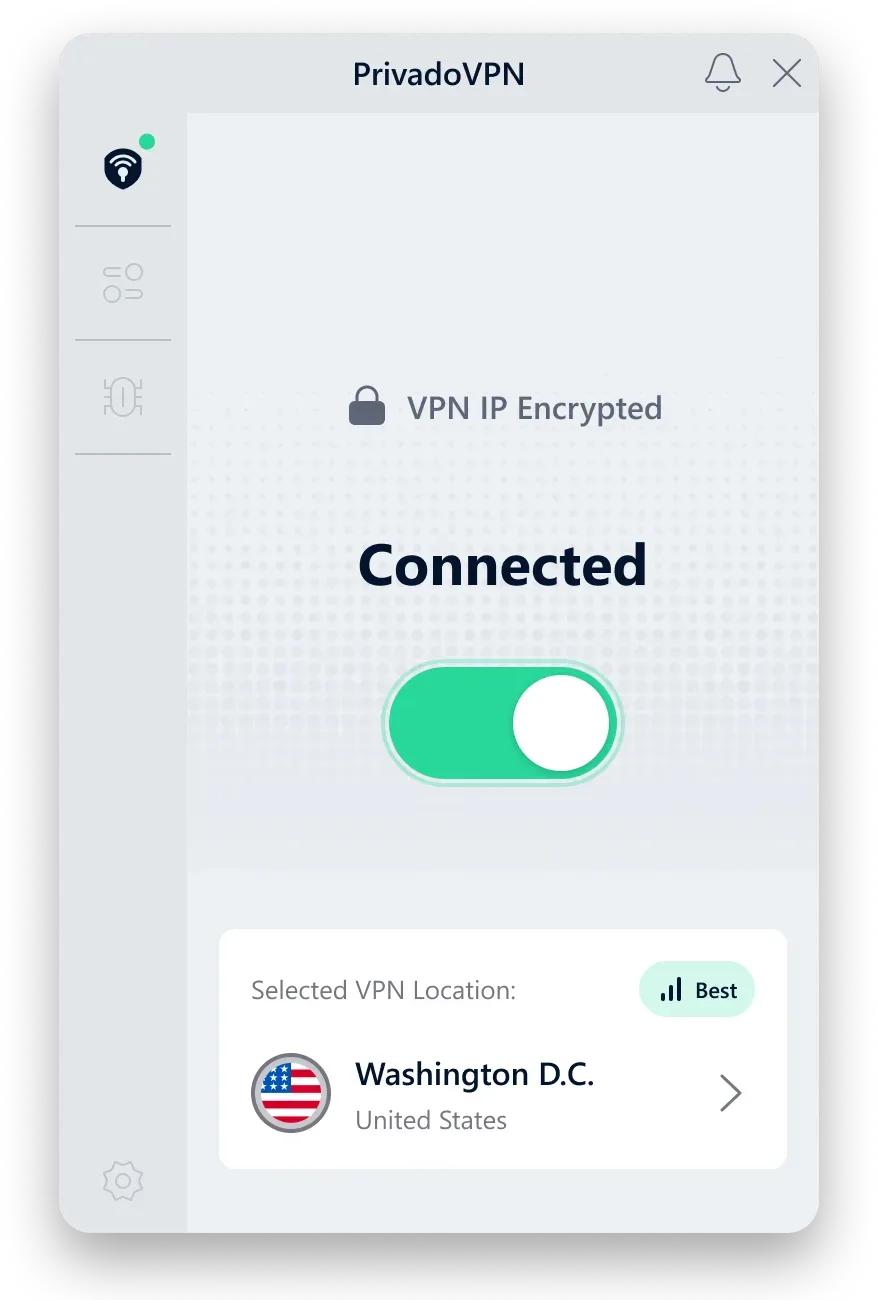 PrivadoVPN VPN uygulama arayüzünün ana sayfasının görüntüsü. Bir VPN sunucusuna bağlı.