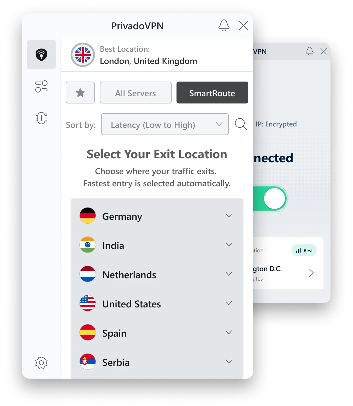 A closeup of the PrivadoVPN app server selection screen. SmartRoute is highlighted and the user is prompted to “Select Your Exit Location.”